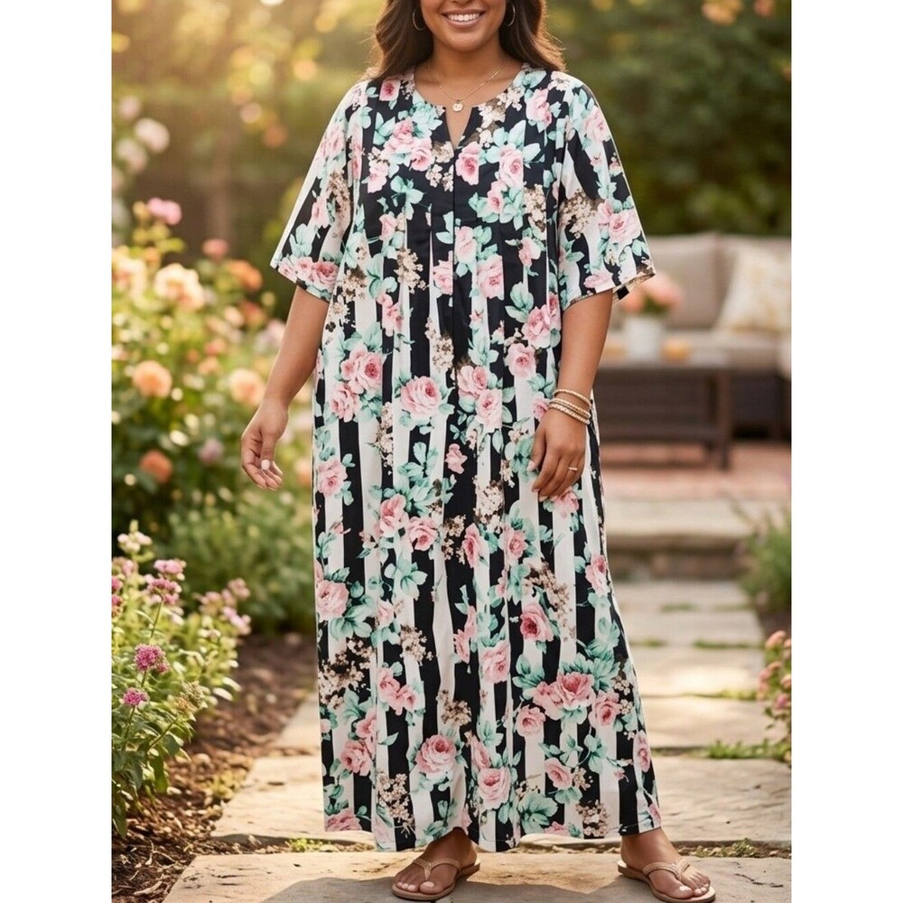 NEW Vintage Anthony Richards Floral Striped Half-Zip House Maxi Dress Size Large